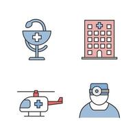Dentistry color icons set. Hospital, doctor, medical helicopter, bowl of Hygeia. Isolated vector illustrations