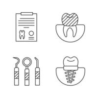 conjunto de iconos lineales de odontología. estomatología. informe de diagnóstico, implante dental y corona, instrumentos dentales. símbolos de contorno de línea delgada. Ilustraciones de vectores aislados