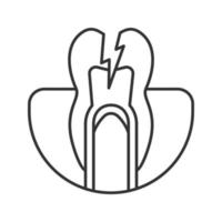 Toothache linear icon. Thin line illustration. Destroyed tooth. Tooth with lightning. Contour symbol. Vector isolated drawing