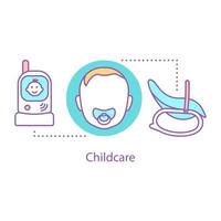 Childcare concept icon. Childhood idea thin line illustration. Radio nanny, baby face with pacifier, rocking chair. Vector isolated outline drawing