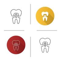 Dental crown with down arrow icon. Tooth restoration. Flat design, linear and color styles. Isolated vector illustrations