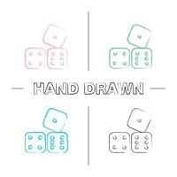 Dices hand drawn icons set. Probability theory. Gambling. Color brush stroke. Isolated vector sketchy illustrations