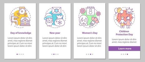 Seasonal holidays onboarding mobile app page screen with linear concepts. Back to school, March 8th, New Year, Children protection day steps graphic. UX, UI, GUI vector template with illustrations