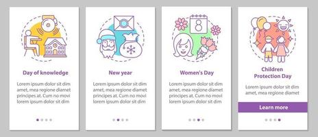 vacaciones de temporada que incorporan la pantalla de la página de la aplicación móvil con conceptos lineales. regreso a la escuela, 8 de marzo, año nuevo, gráfico de pasos del día de protección infantil. ux, ui, plantilla vectorial gui con ilustraciones vector