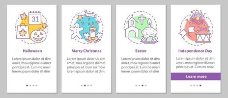 Seasonal holidays onboarding mobile app page screen with linear concepts. Halloween, Easter, Independence Day, Christmas steps graphic instructions. UX, UI, GUI vector template with illustrations