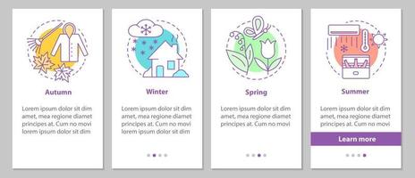 pantalla de la página de la aplicación móvil de incorporación de cuatro estaciones con conceptos lineales. invierno, otoño, primavera, verano pasos instrucciones gráficas. ux, ui, plantilla vectorial gui con ilustraciones vector