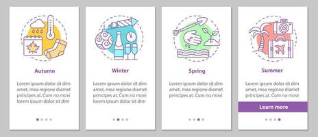 Four seasons onboarding mobile app page screen with linear concepts. Winter, autumn, spring, summer steps graphic instructions. UX, UI, GUI vector template with illustrations