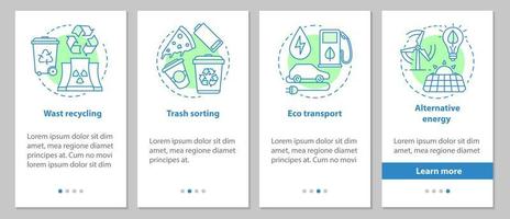 Environment protection onboarding mobile app page screen with linear concepts. Trash sorting, waste recycling, alternative energy graphic instructions. UX, UI, GUI vector template with illustrations