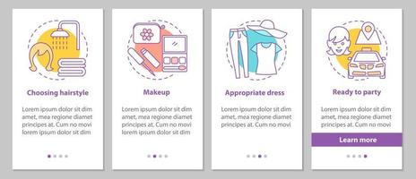 preparándose para la pantalla de la página de la aplicación móvil de incorporación de la fiesta con conceptos. salón de belleza pasos instrucciones gráficas. peinado apropiado, maquillaje, vestido. ux, ui, plantilla vectorial gui con ilustraciones vector