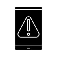 Smartphone error glyph icon. Warning notification. Mobile phone screen with exclamation mark. Silhouette symbol. Negative space. Vector isolated illustration