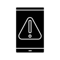 Smartphone error glyph icon. Warning notification. Mobile phone screen with exclamation mark. Silhouette symbol. Negative space. Vector isolated illustration