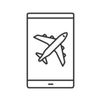 Smartphone airplane mode linear icon. Thin line illustration. Mobile phone screen with plane. Contour symbol. Vector isolated outline drawing