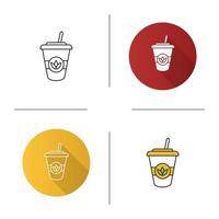 Ice tea icon. Detox drink. Disposable tea cup with straw. Flat design, linear and color styles. Isolated vector illustrations