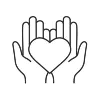 Charity linear icon. Thin line illustration. Life insurance. Medicine and healthcare. Hands holding heart. Contour symbol. Vector isolated outline drawing