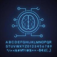 Neurotechnology neon light icon. Digital brain. Artificial intelligence. Glowing sign with alphabet, numbers and symbols. Vector isolated illustration