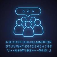 Discussion neon light icon. Business meeting. Group conference. Teamwork. People speaking. Glowing sign with alphabet, numbers and symbols. Vector isolated illustration