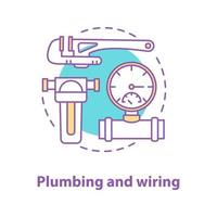 Plumbing and wiring concept icon. Sanitary equipment idea thin line illustration. Adjustable wrench, water filter, pressure gauge. Vector isolated outline drawing