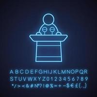 Politician neon light icon. Orator speech. Speaker podium. Glowing sign with alphabet, numbers and symbols. Vector isolated illustration