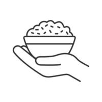 Food donation linear icon. Open hand with rice bowl. Thin line illustration. Chinese fried rice for free. Contour symbol. Vector isolated outline drawing