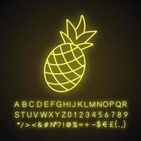 Pineapple neon light icon. Glowing sign with alphabet, numbers and symbols. Vector isolated illustration