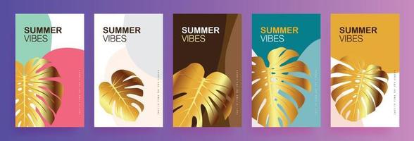 Set of abstract summer banner background designs with gold tropical leaf vector