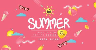 diseño de banner de cartel de venta de verano para promoción con elementos de playa de tono rosa vector