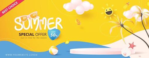 Summer sale banner template for promotion with product display cylindrical shape and beach elements vector