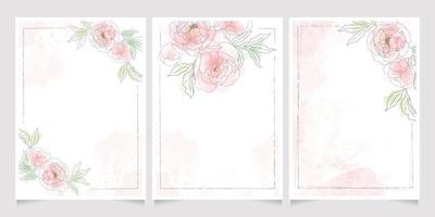 pink loose watercolor line art peony flower bouquet frame 5x7 invitation card wash splash background template collection vector