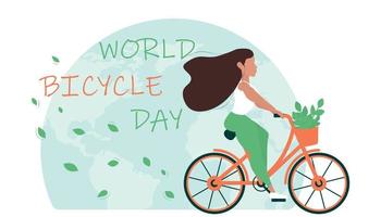 World Bicycle Day concept. The girl rides a bicycle on the background of the globe. vector