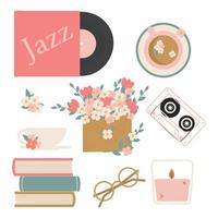 Spring or summer with seasonal elements collection. vinyl record, a cup of tea, coffee, an envelope with flowers, an audio cassette, books, glasses, a candle. vector