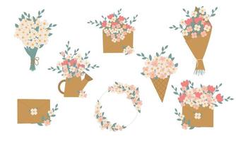 conjunto de ramos de regalo, ramo de cono de waffle de vacaciones de primavera, regadera con flores, ramo de margaritas, flores de jardín silvestre, sobre, corona de boda, tallos de plantas y hojas lindos carteles de tarjetas vector