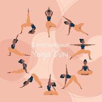 21 june- illustration of international yoga day. Banner. Vector illustration Yoga exercises. Women silhouettes set. Studio yoga