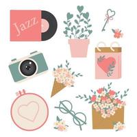 Spring or summer with seasonal elements collection. vinyl record, a potted plant, key, tear-off calendar, camera, waffle cone bouquet, embroidery, glasses, envelope. vector