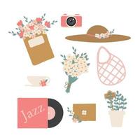 Spring or summer with seasonal elements collection. vinyl record, diary, notepad, straw hat, camera, bouquet of flowers, cup of tea, coffee, envelope, reusable bag, potted plant.