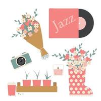 Spring or summer with seasonal elements collection. vinyl record, kraft paper bouquet, candle, rubber boots, camera, coffee cup recycling, seedlings, seeds. vector