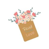 A book with a bouquet of flowers and the inscription Read, dream, love. Flat vector illustration isolated on white background. Literature fan, book reading concept for postcard.