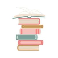 A stack of books with an open top book on a white background. Set of hand drawn flat colorful vector illustrations.