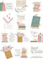 Set of books and elements for reading. A stack of books, textbooks, a cup of flowers, isolated on a white background. Books with flat cartoon vector illustrations.