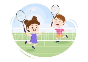Badminton Player with Shuttle on Court in Flat Style Cartoon Illustration. Happy Playing Sport Game and Leisure Design vector