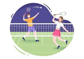 jugador de bádminton con lanzadera en la cancha en ilustración de dibujos animados de estilo plano. juego deportivo feliz y diseño de ocio vector