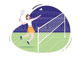 jugador de bádminton con lanzadera en la cancha en ilustración de dibujos animados de estilo plano. juego deportivo feliz y diseño de ocio