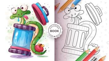 Cartoon character snake in trash - coloring book vector