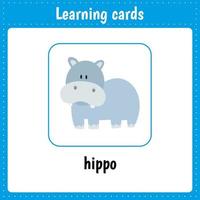 tarjetas de aprendizaje para niños. animales hipopótamo vector