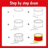 Step by step drawing drum. vector