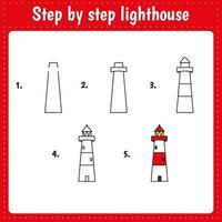 Step by step drawing lighthouse. vector