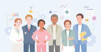 Business people are standing in a confident pose. Graph icons are decorated around it. vector