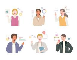 People are pointing at the graph and talking. flat design style vector illustration.