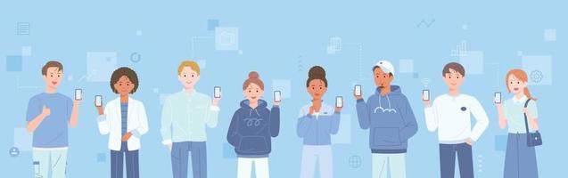 social network. People standing with mobile phones. vector
