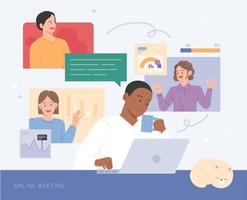 A man is telecommuting and working with colleagues online. vector