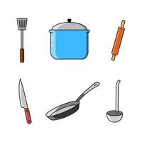 ilustración en color de una colección de utensilios de cocina como una espátula, una sartén, un rodillo de masa, un cuchillo, teflón y una cuchara vegetal vector